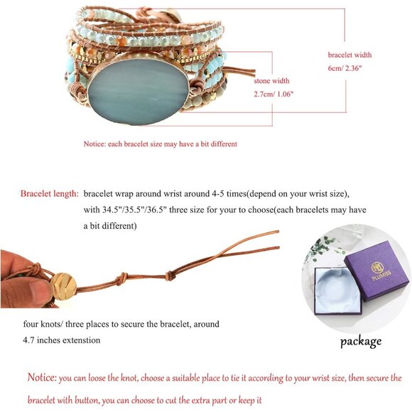Women Boho Leather Bead Wrap Bracelet with Amazonite Natural Stone - Picture 4 of 6